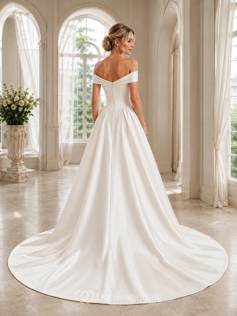 Vestido de novia sencillo estilo vasco con escote Bardot y cintura descubierta view 2