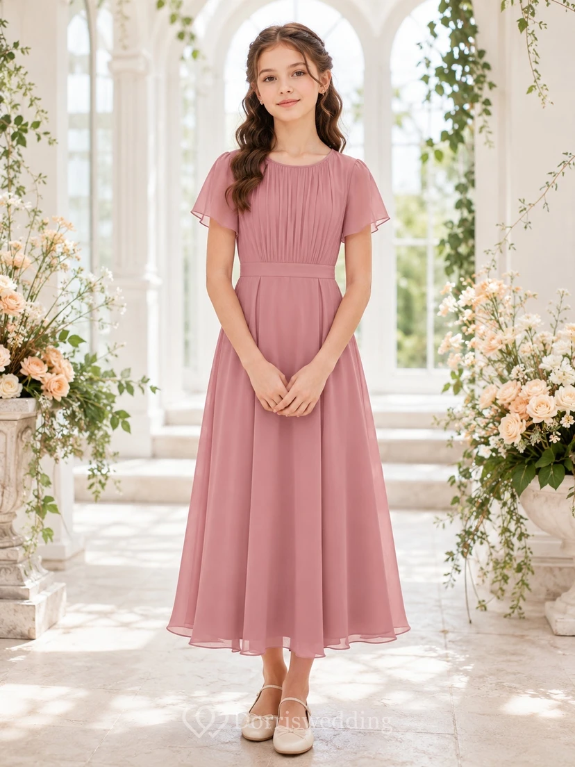 Romantisches, altrosafarbenes Chiffon-Brautjungfernkleid mit kurzen Ärmeln, Strasssteinen und A-Linien-Schnitt in Teelänge