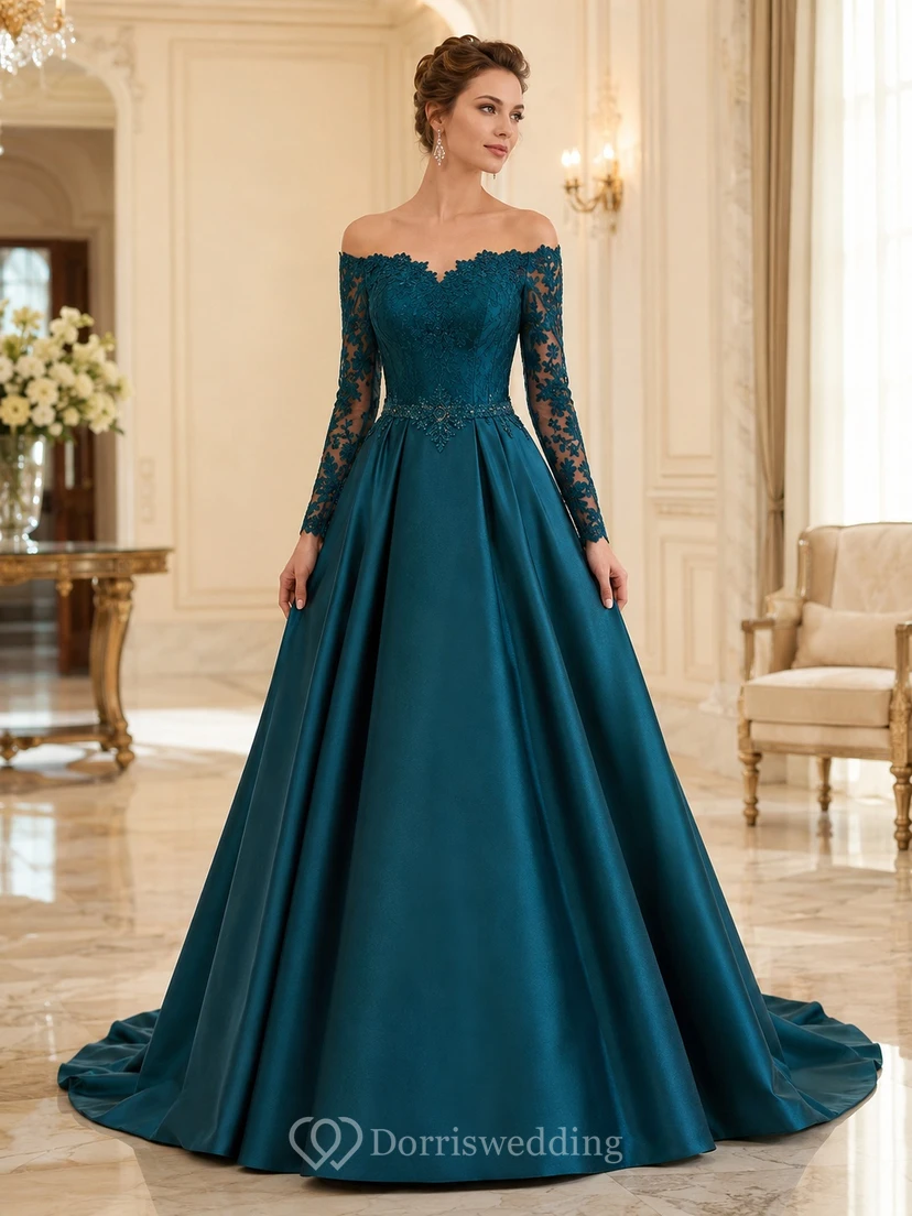 Dunkeltürkisfarbenes, schulterfreies Ballkleid aus Spitze und Satin mit langen Ärmeln – Brautkleid