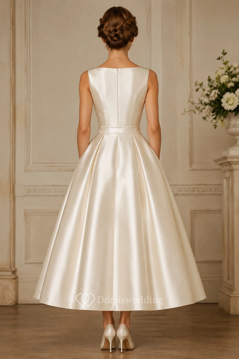Bateau Satin Tea-Length Vintage Wedding Dress view 2