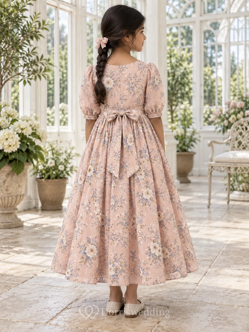 Schlichtes rosa Blumenkleid in A-Linie mit Print, Puffärmeln, Knöchellänge und Schleife am Rücken view 2
