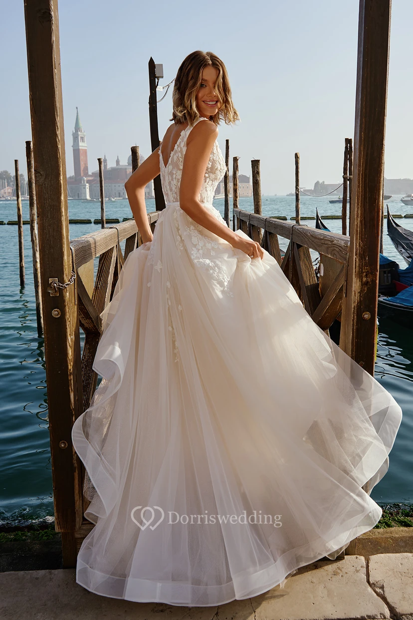 V-neck Sleeveless Lace Applique Empire A-line Tulle Wedding Dress view 2