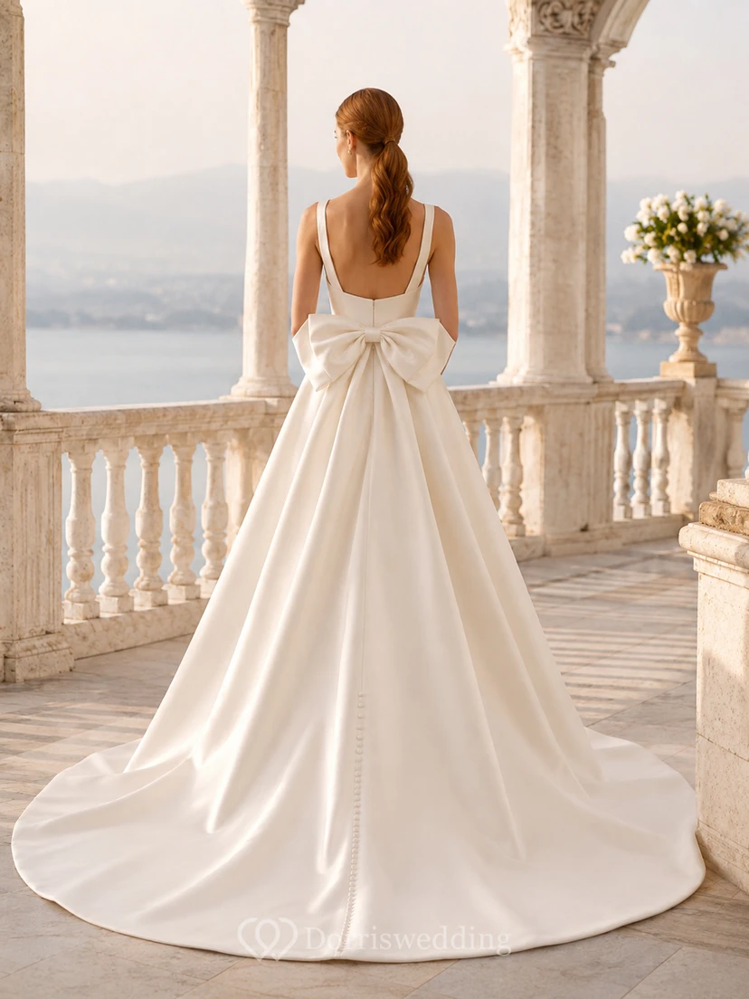 Minimalist Satin Wedding Dress A-Line Square Neck Sleeveless Sweep Train Bridal Gown view 2
