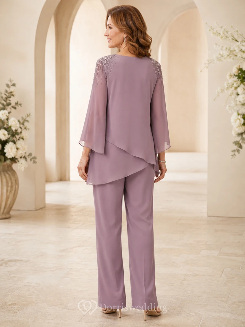 Vintage-Mauve-Tunika mit romantischem Rundhalsausschnitt, Kristallverzierungen an den Schultern, Glockenärmeln und Lagenlook – perfekt für die Mutter der Braut view 2