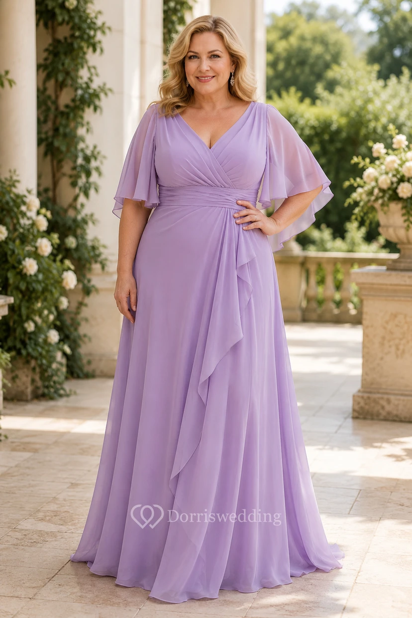 Lavendelfarbenes Chiffon-Kleid in A-Linie mit V-Ausschnitt in Übergröße für Mütter