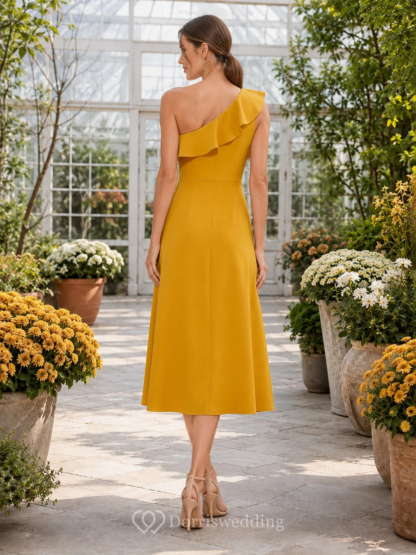 Gold One Shoulder Ruffle Satin A Line Midi Guest Dress view 2