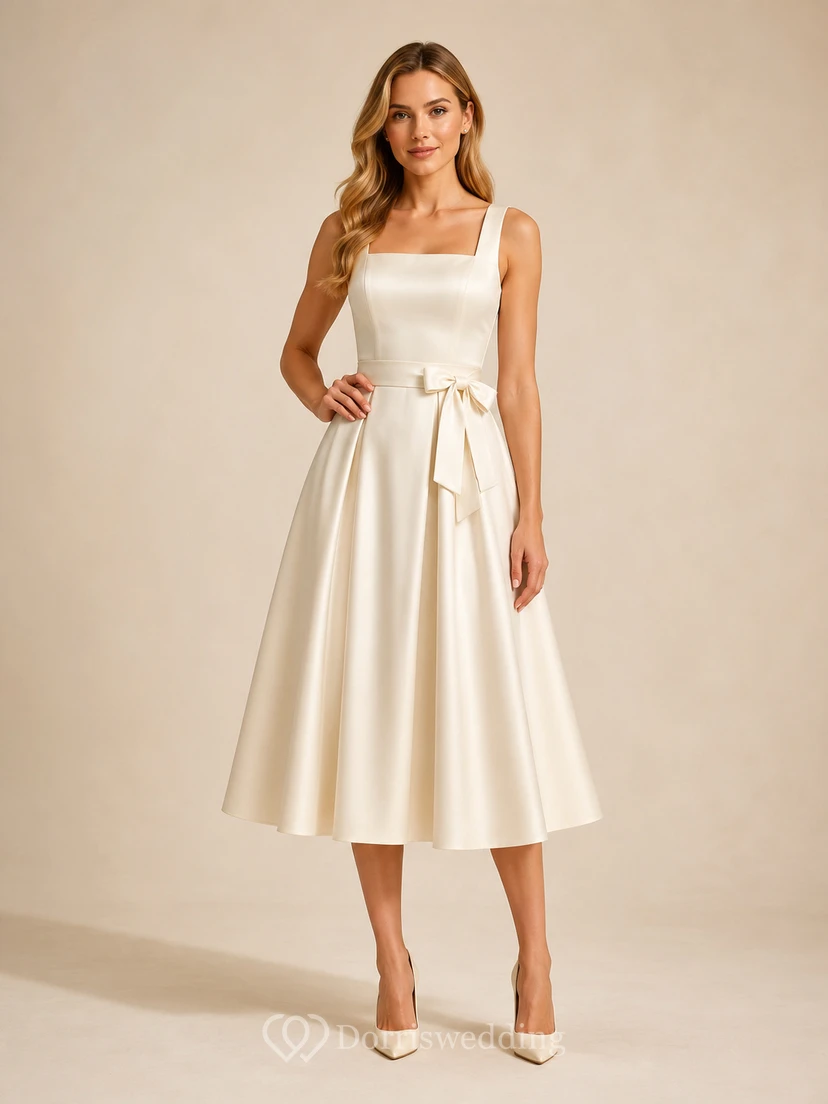 Vestido de fiesta elegante de estilo vintage color champán, largo hasta la rodilla, con tirantes cuadrados y fajín de satén.