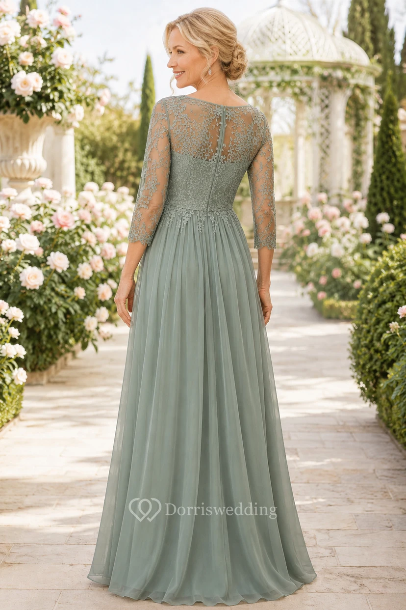 MOB-Kleid aus salbeigrünem Chiffon mit Spitze, A-Linie, 3/4-Ärmeln, V-Ausschnitt, bodenlang, plissiert view 2