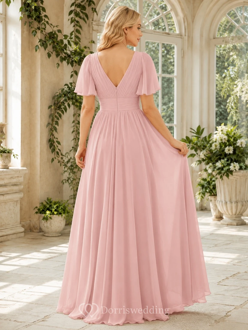 Formelles, bodenlanges Chiffonkleid mit V-Ausschnitt, flatternden Ärmeln und drapiertem A-Linien-Schnitt view 2