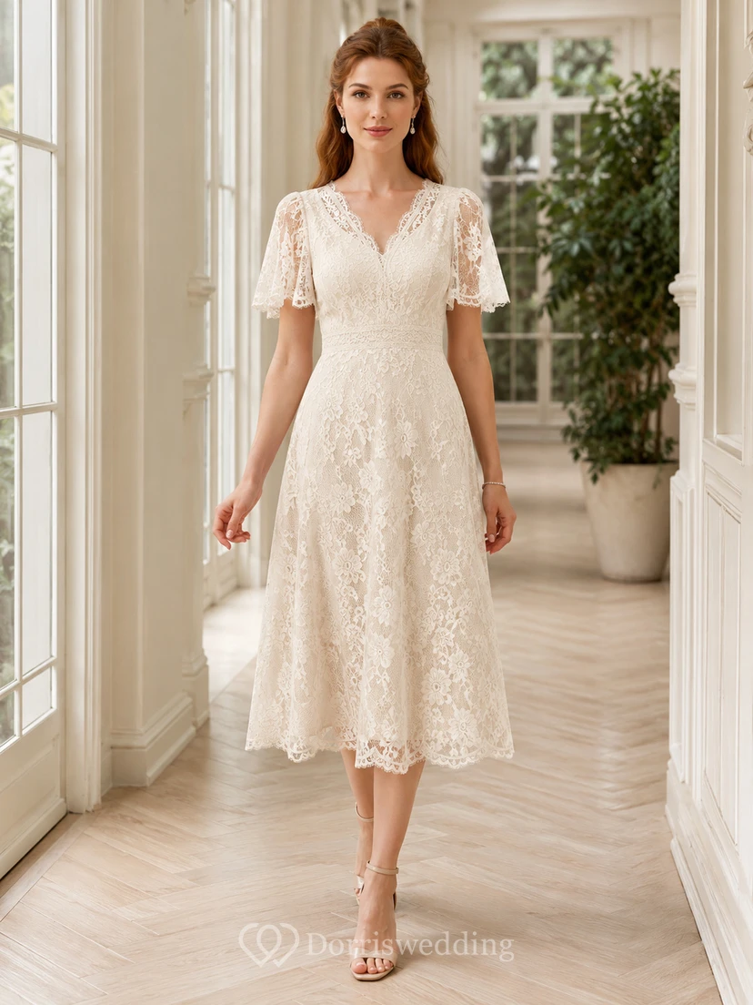 Cream Lace V Neck Short Sleeve A Line Tea Dress