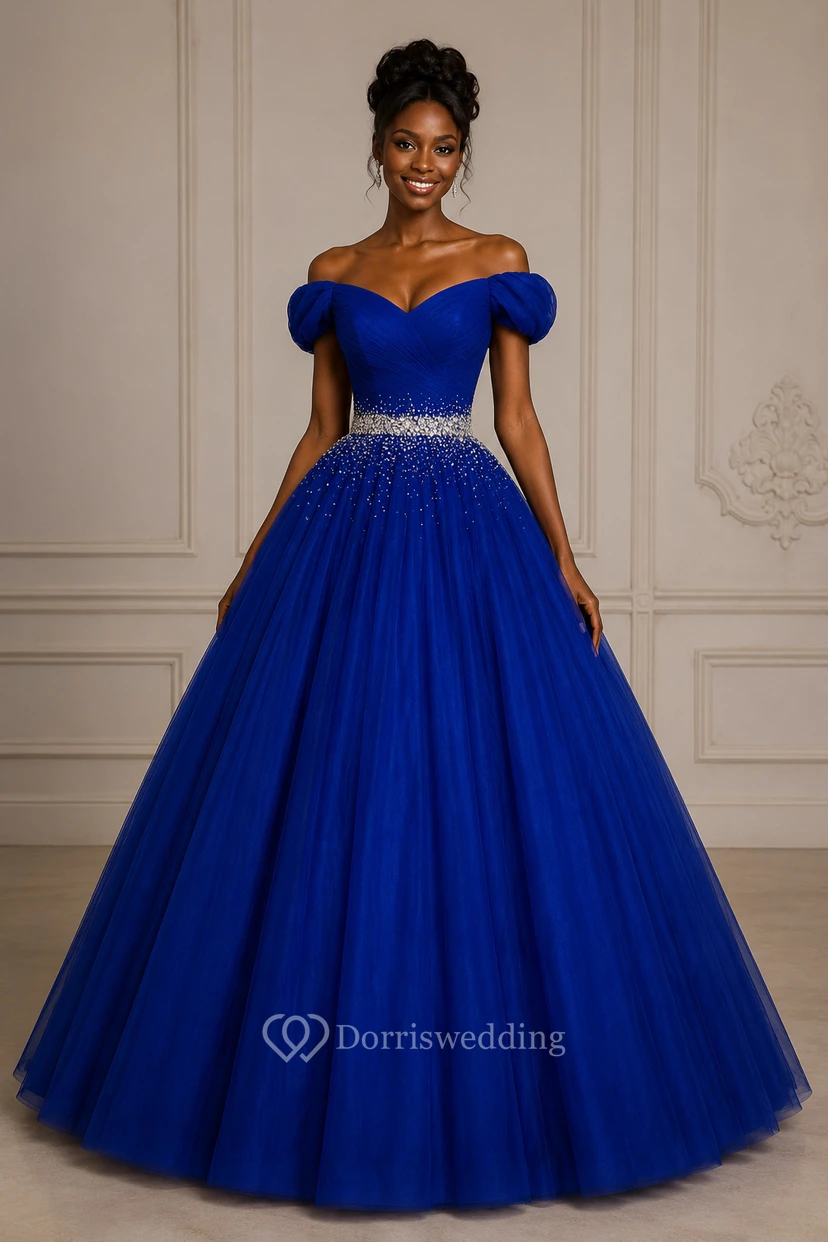 Ball Gown Maxi Off-The-Shoulder Sleeveless Bell Pleats Beading Corset Back Tulle Lace Dress view 5