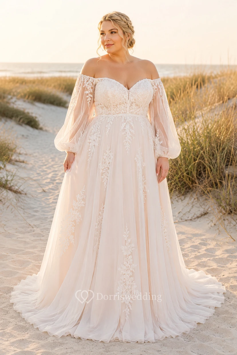 Robe de mariée grande taille à épaules dénudées et coupe trapèze, manches longues transparentes