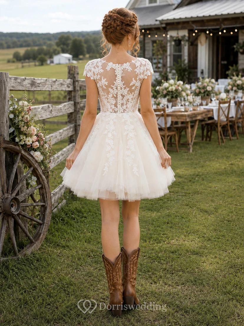 Western Rustic Lace Cap Sleeve Tulle Mini Wedding Dress view 2
