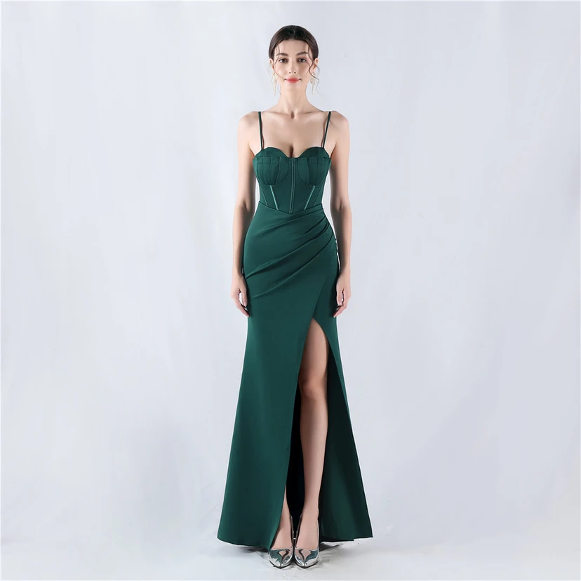 Fishbone Waist Strap Satin Host Meeting Evening Dress view 46