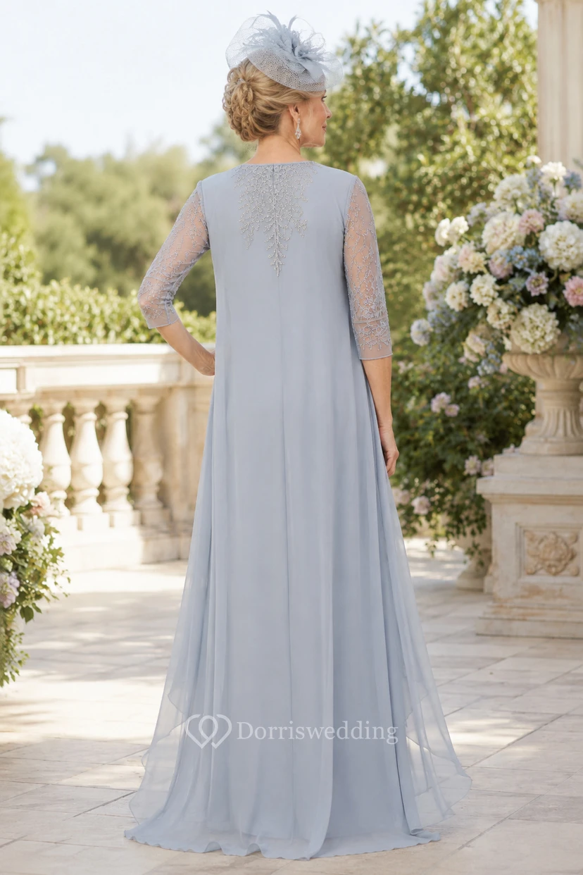 MOB-Kleid aus nebelgrünem Chiffon mit Spitze, Etuikleid, 3/4-Ärmeln, U-Boot-Ausschnitt, bodenlang, Cape-Ärmel-Detail view 2