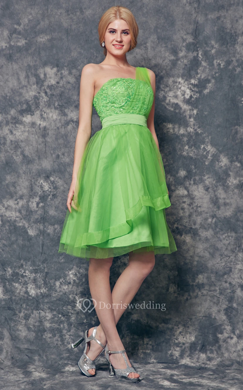 One Shoulder Appliqued Short Tulle Dress With Tiers view 4