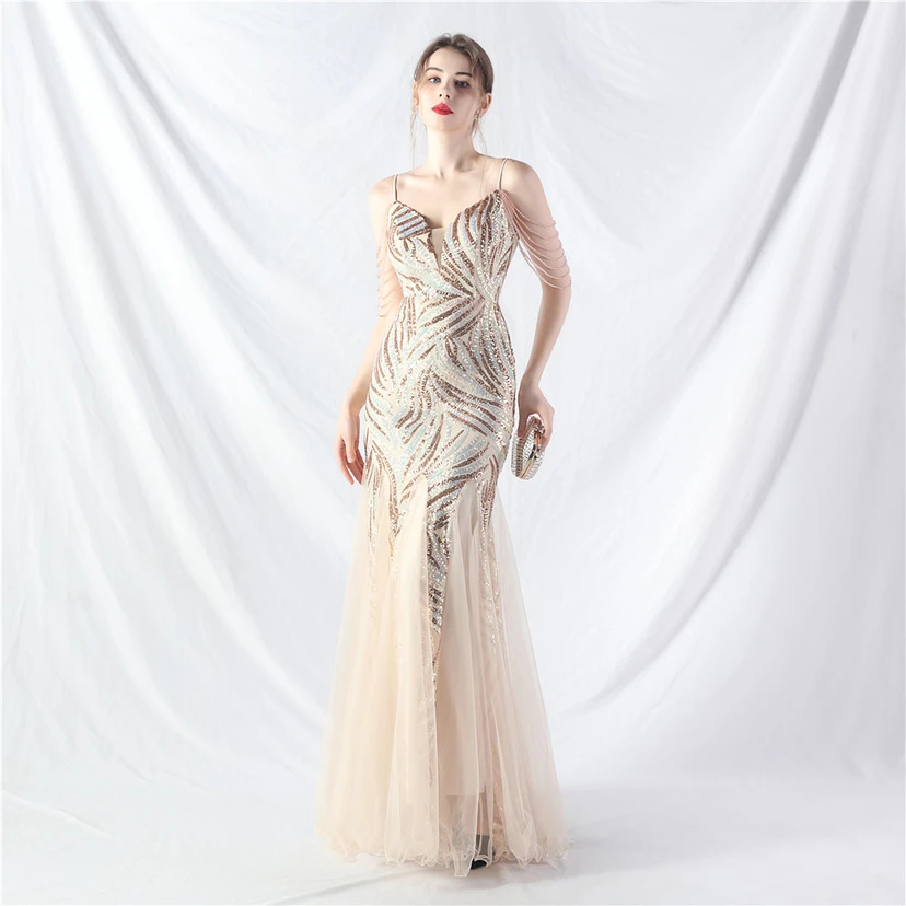 Layered Beads Spliced ​​Mesh High-End Evening Dress view 37