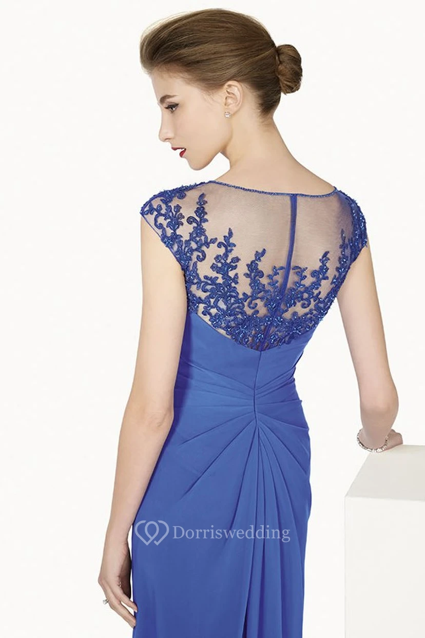 Bateau Cap Sleeve Chiffon Long Dress With Waist Flower And Appliqued Top view 2