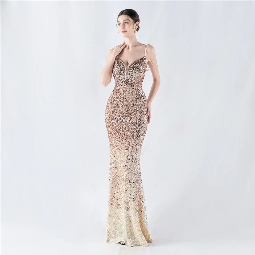 Velvet-Bottom Gradient Sequined Sexy Beaded Suspender Evening Dress view 41