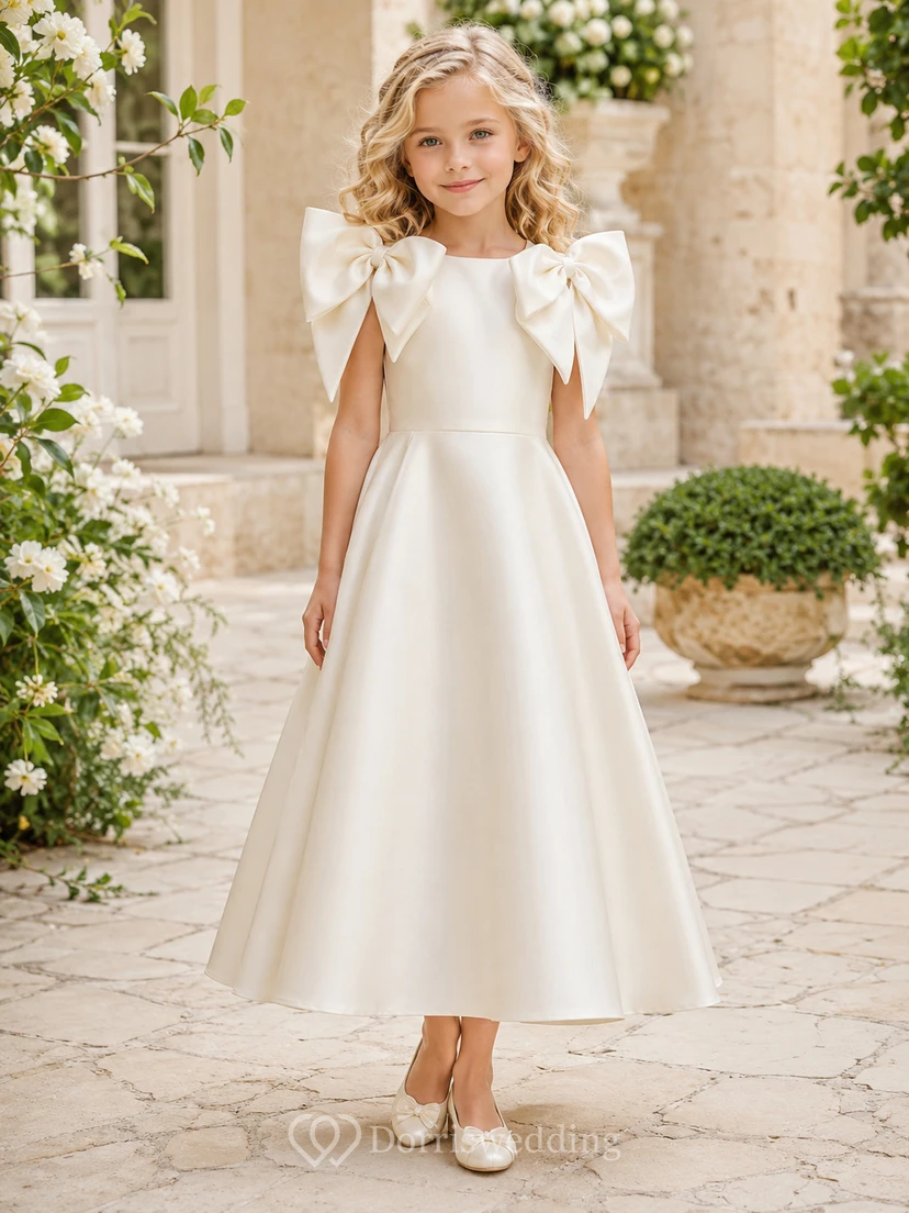 Vestido de niña de flores de satén color marfil con lazo escultural, corte en A, sin mangas, cuello joya, largo hasta la rodilla, para bodas y fiestas.