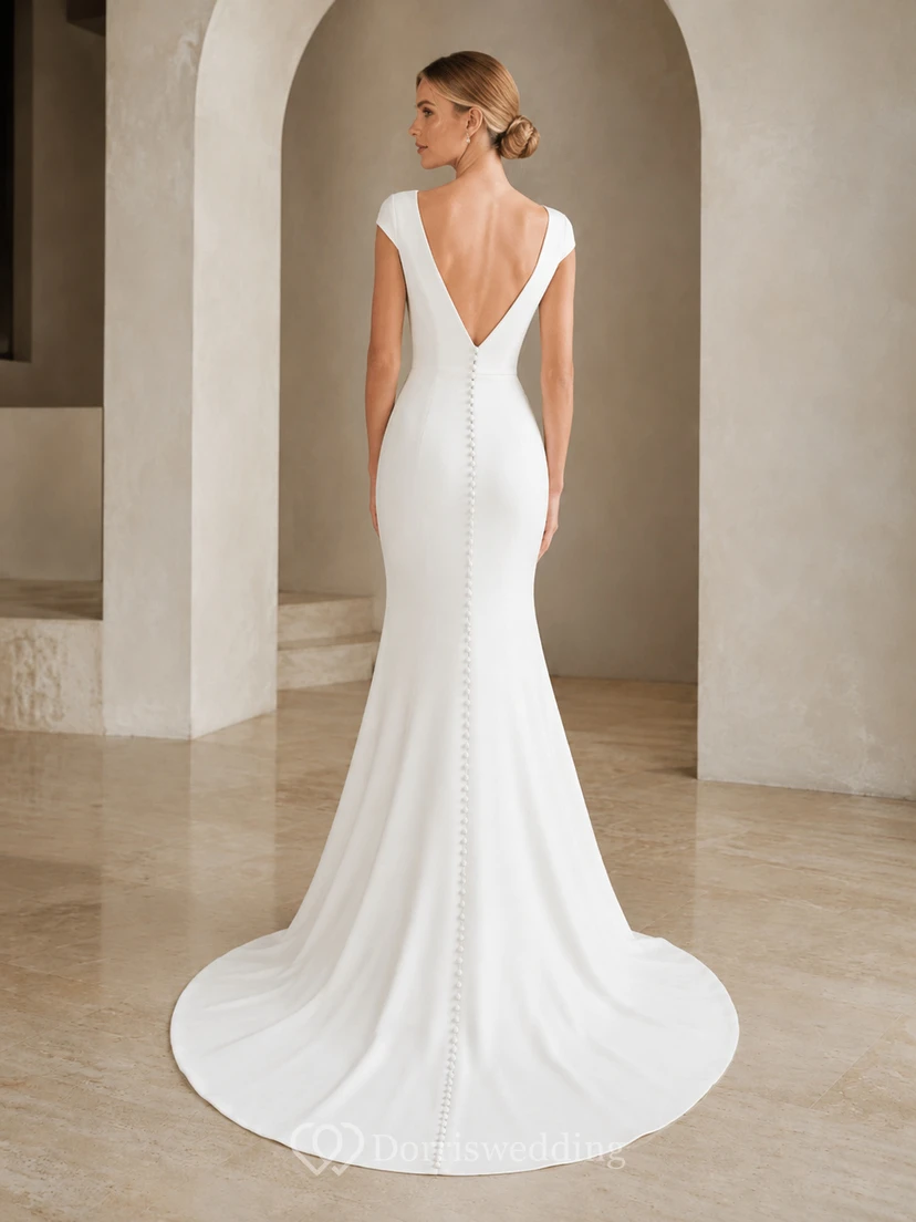 Modern Satin Bateau Cap Sleeve Mermaid Deep V Wedding Dress view 2