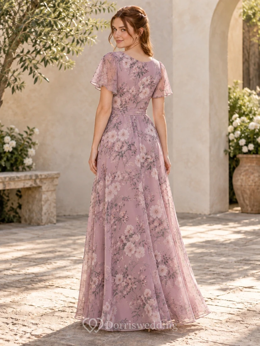Petite Brautjungfernkleid aus Chiffon mit Blumenmuster, V-Ausschnitt, flatternden Ärmeln und ohne Schleppe, bodenlang view 2