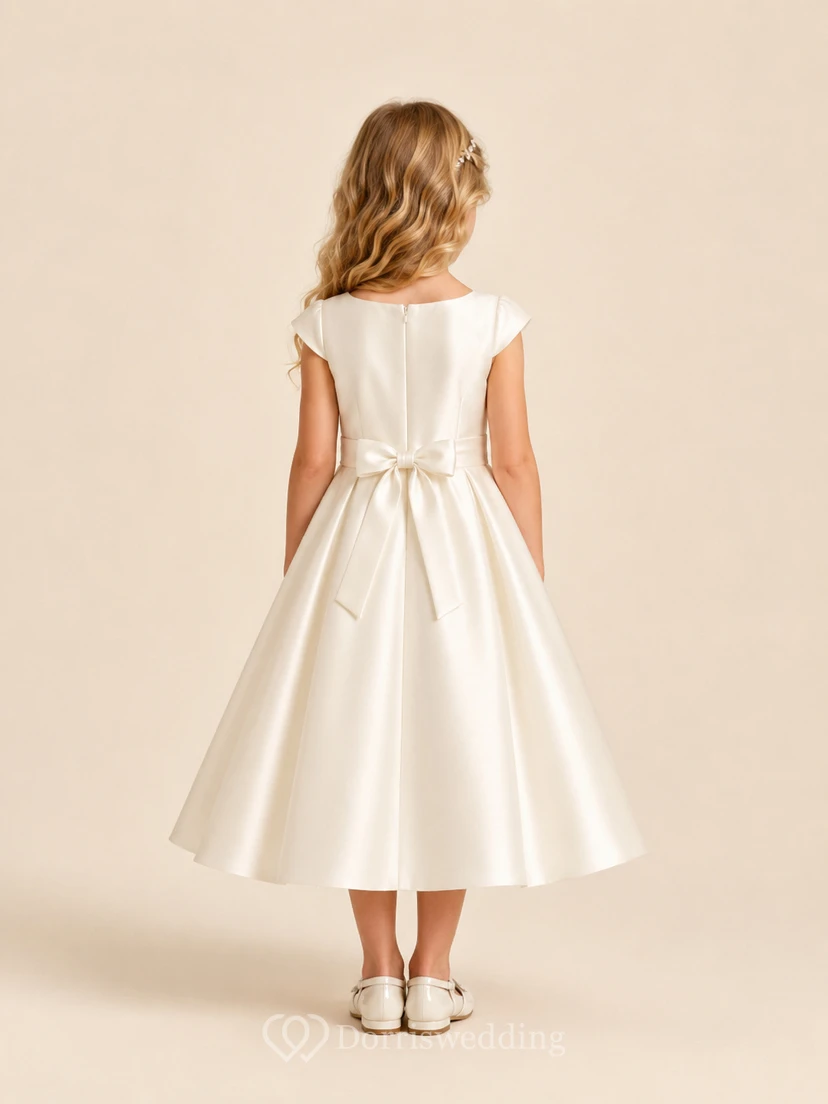 Flower Girl Dress Ivory Satin A-Line Jewel Neck Tea Length Bow Detail view 2
