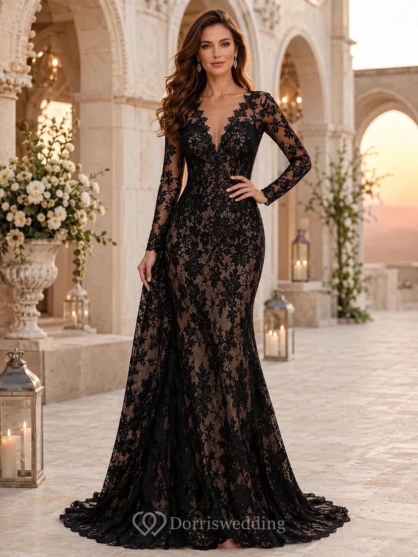 Schwarzes, langärmeliges Meerjungfrauen-Abendkleid aus Spitze für Hochzeiten