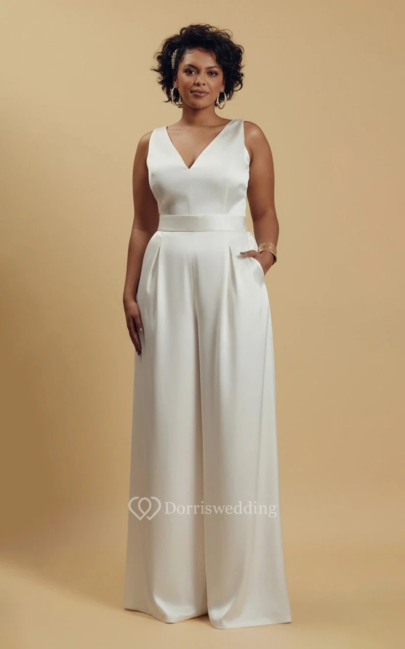 Mono de boda sin mangas con cuello en V y bolsillos, de pierna ancha.