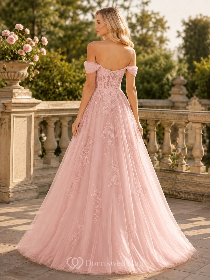 Perlmuttrosa schulterfreies, kurzärmeliges Tüll-Ballkleid, bodenlang, mit Blumenmuster view 2