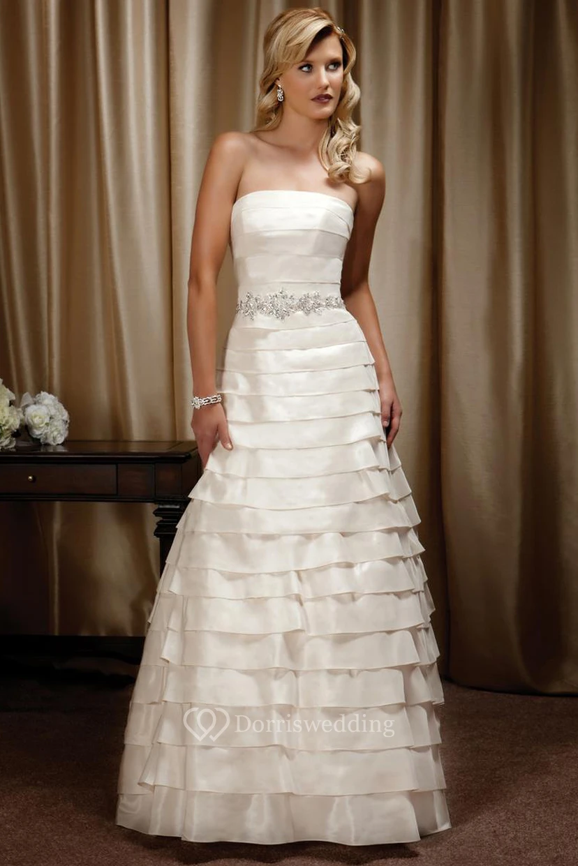 A-Line Maxi Sleeveless Strapless Tiered Satin Wedding Dress With Waist Jewellery And Lace-Up Back