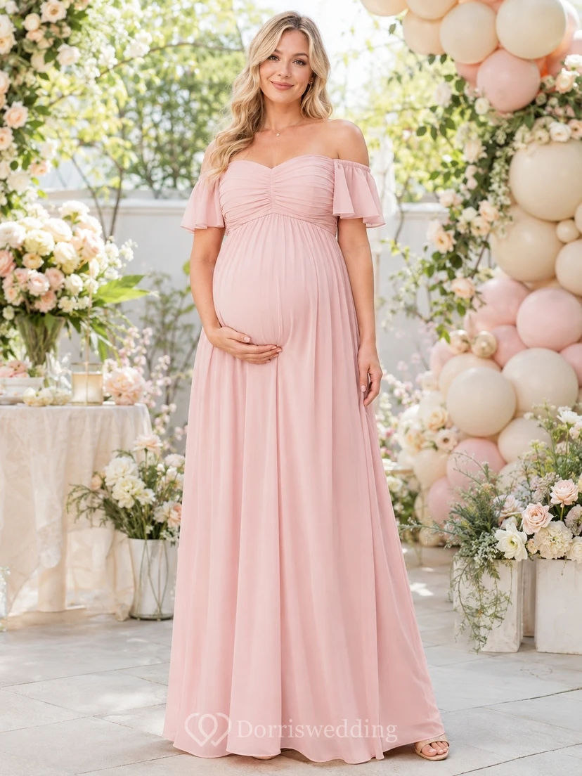 Maternity Off Shoulder Floor Length Chiffon Romantic Baby Shower Dress