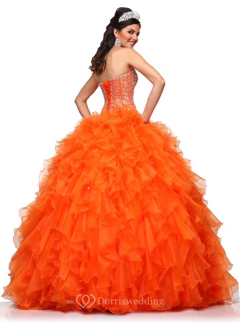 Ärmelloses Chiffon-Ballkleid in A-Linie mit herzförmigem Ausschnitt, Kaskadenrüschen und Kristallmieder view 3