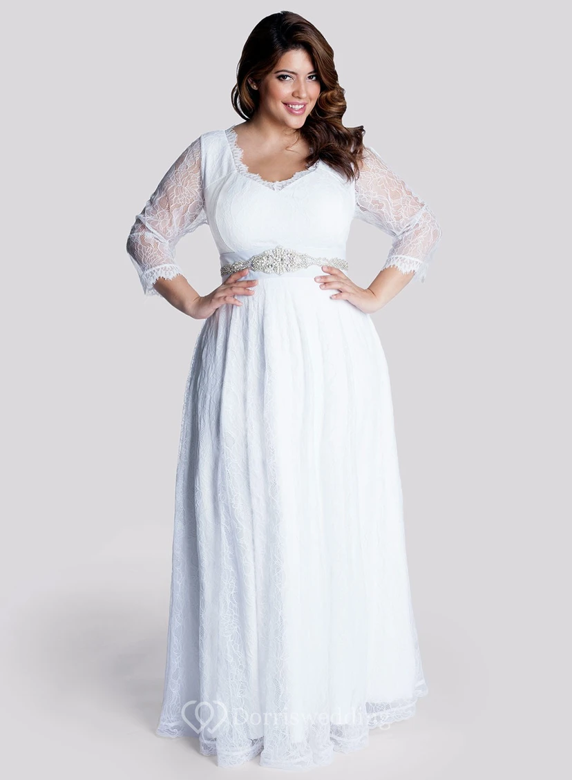 A-Linien-Kleid in Bodenlänge mit V-Ausschnitt, langen Ärmeln, Spitze an der Taille, Schmuck und Reißverschluss