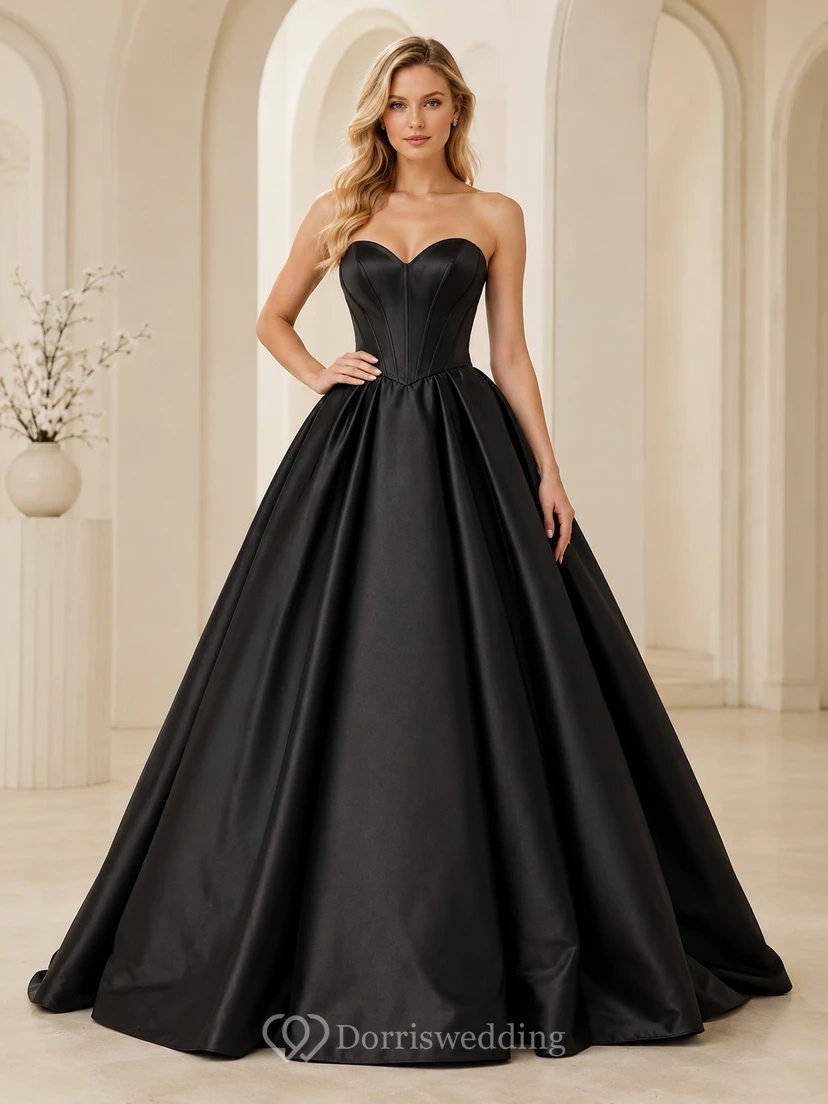 Classic Satin Black Ball Gown Floor-length Sweep/Brush Train Strapless Sweetheart Sleeveless Luxury Elegant Prom Evening Formal Reception Dress