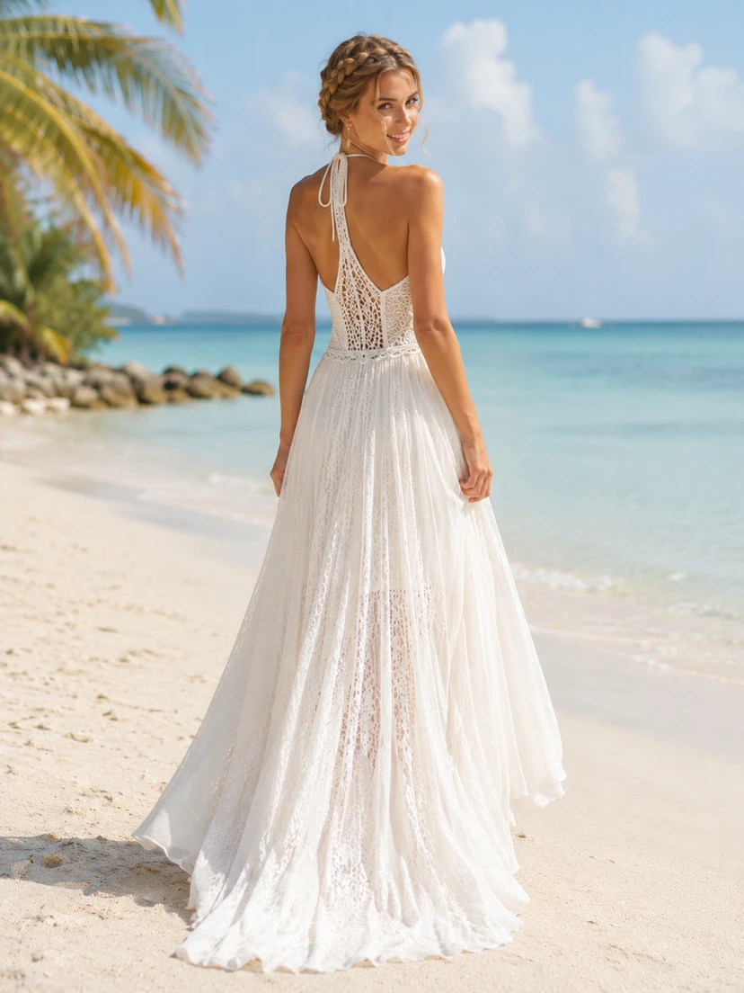 Bohemian Halter Lace Vestido Noiva Praia A Line Backless Sweep Train view 2