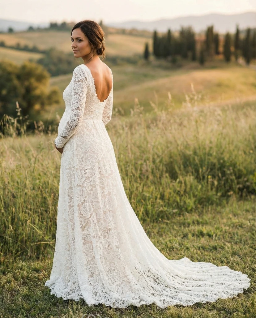 Long Sleeve Full Lace Maternity Wedding Dress with Scoop Neck and Sweep Train view 2