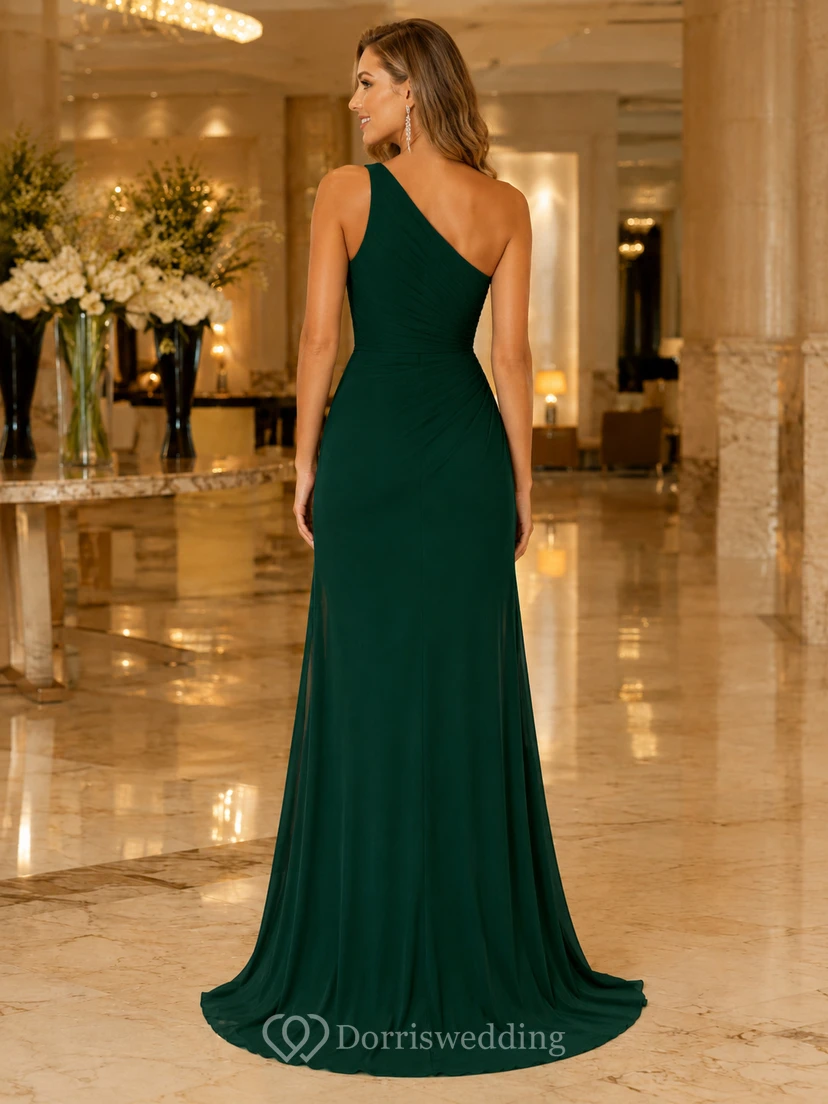 Modern Dark Green Satin Prom Sheath Floor Length One Shoulder Split Gown view 2