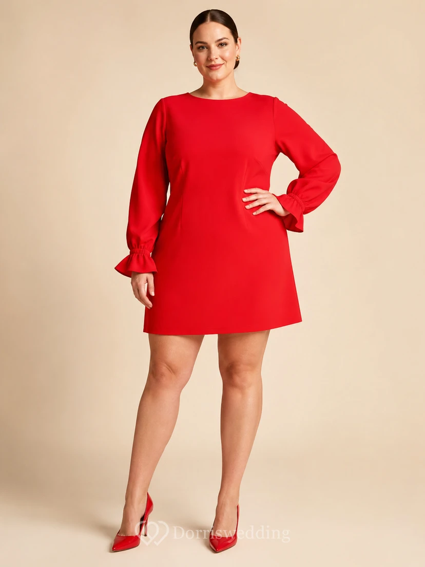 Rotes Minikleid mit Schmuckkragen und Bischofsärmeln in Übergröße
