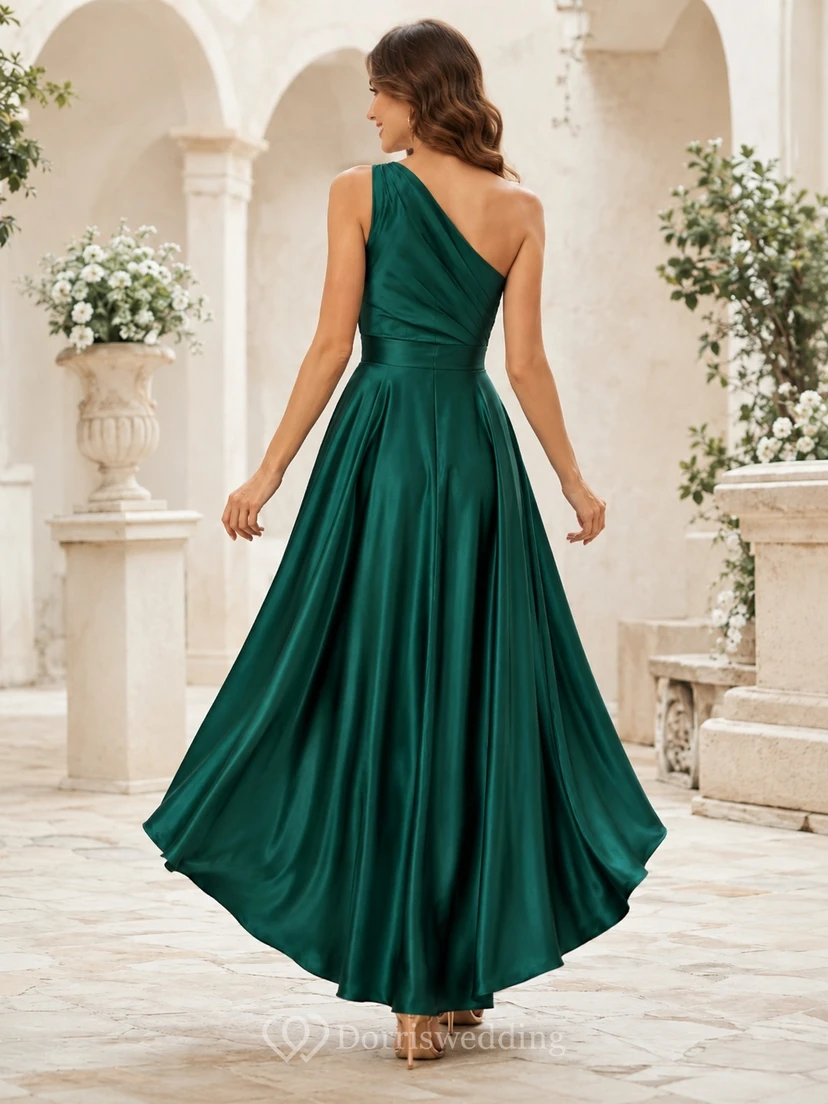 Emerald One-Shoulder Draped Satin High-Low A-Line Evening Formal Dress view 2