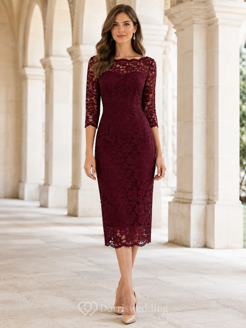 Burgundy Scalloped Bateau Three-Quarter Lace Sleeve Sheath Midi Guest Dress