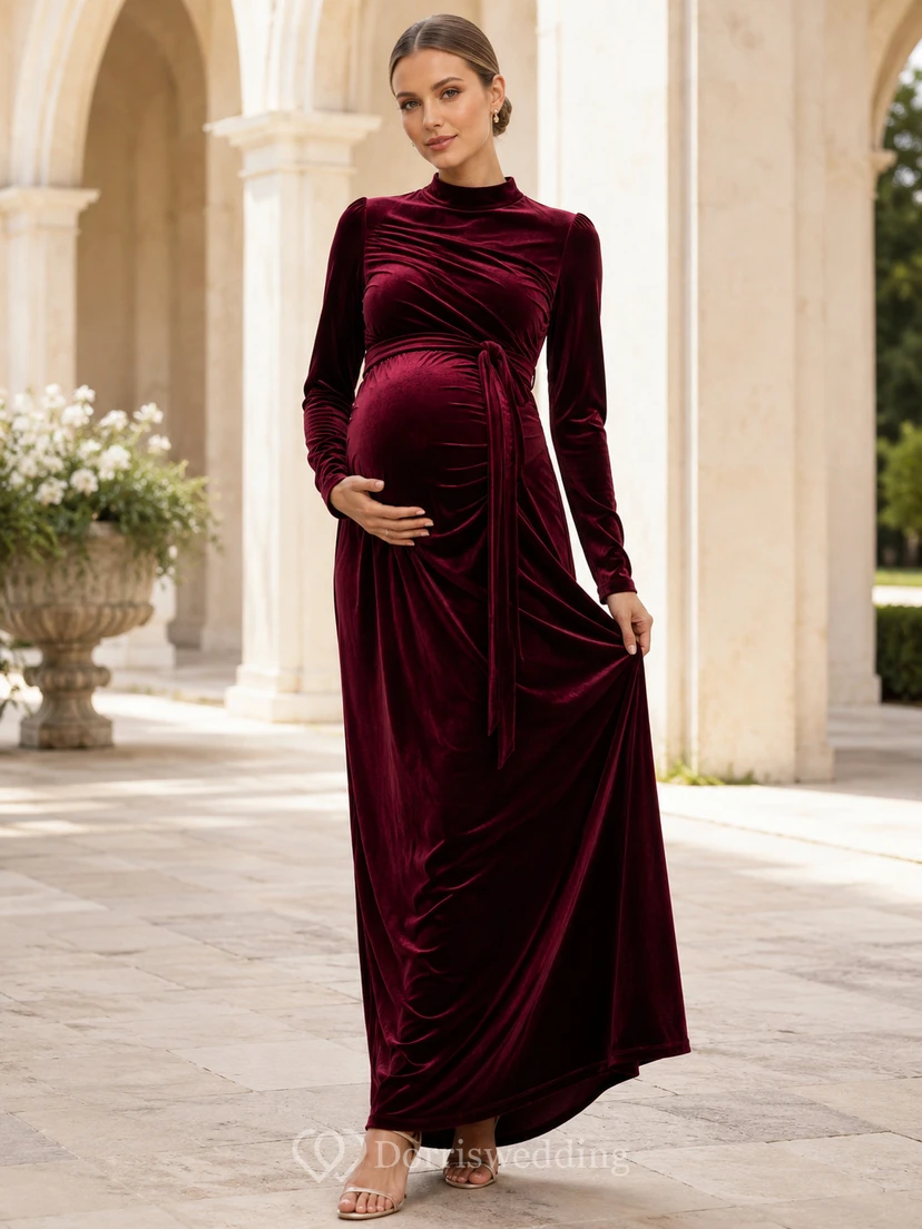 Burgundy High Neck Long Sleeve Ruched Velvet Sheath Floor Maternity Guest Gown