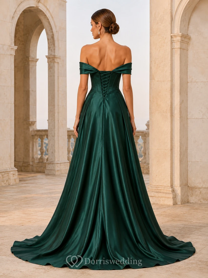 Elegantes dunkelgrünes Satin-Abendkleid in A-Linie, bodenlang, schulterfrei, mit Korsett-Set view 2