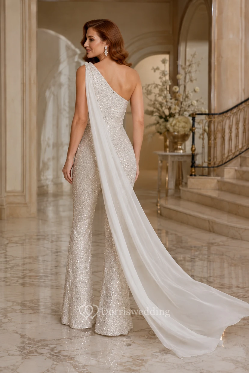 Combinaison de mariée argentée à une épaule ornée de sequins et traîne cape view 2