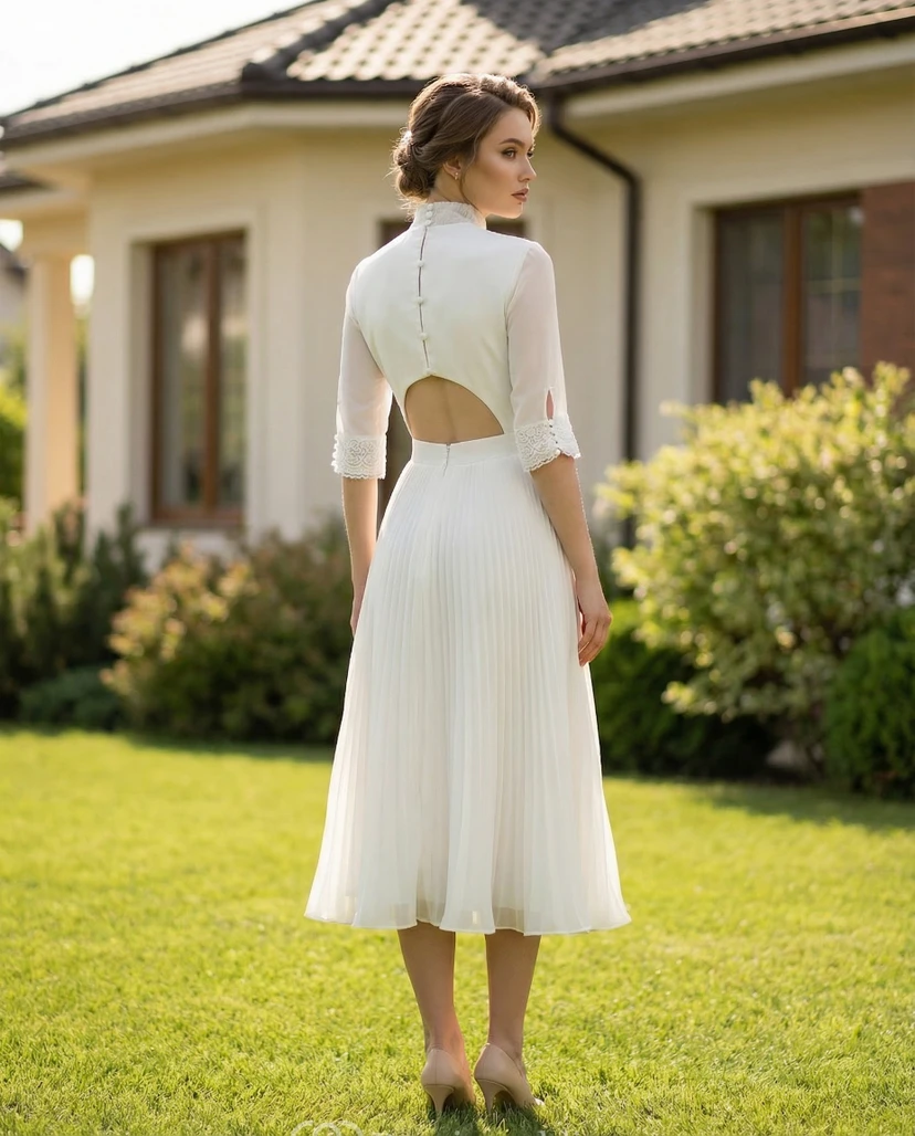 Halbarmiges, plissiertes Chiffon-Hochzeitskleid mit Rundhalsausschnitt view 2