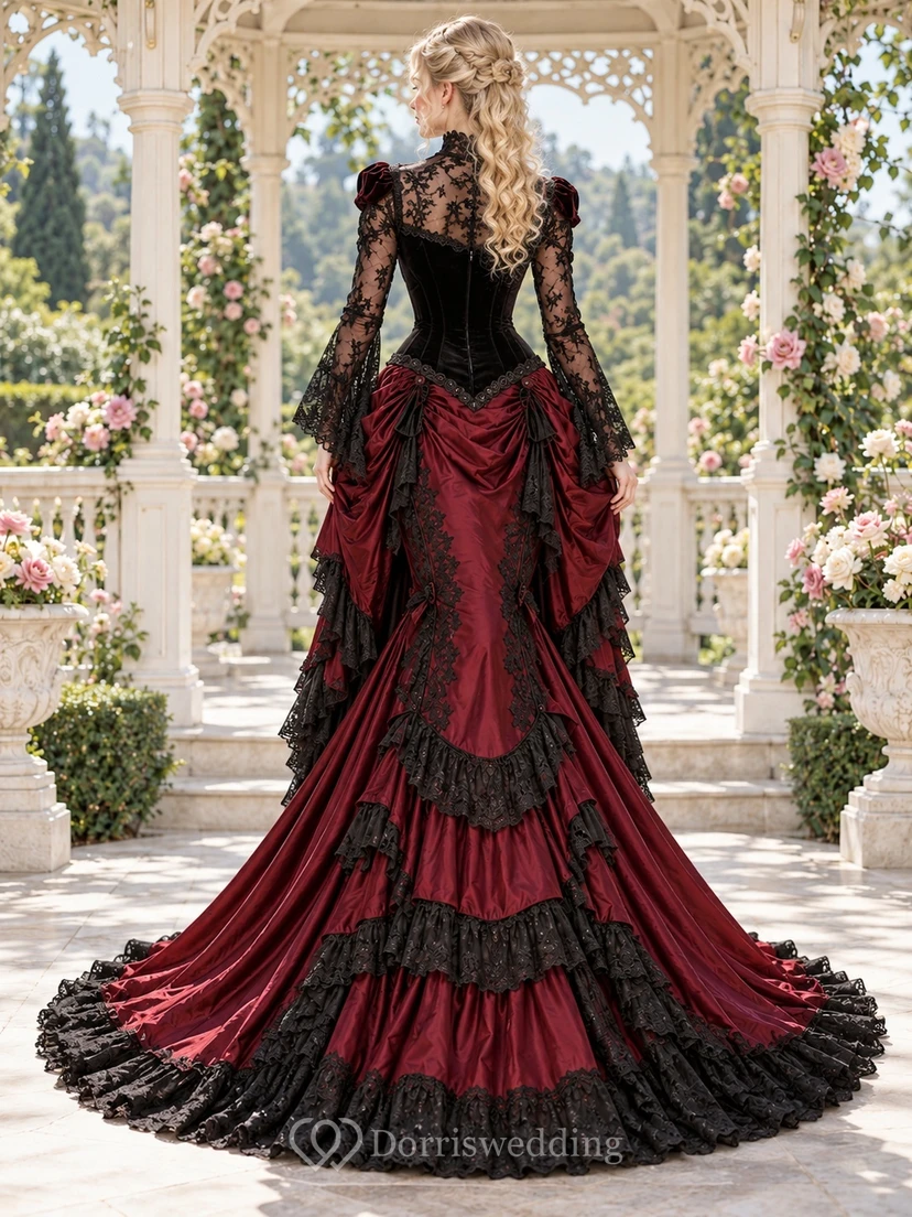 Gothic Victorian Burgundy High Neck Long Lace Sleeve Train Gown view 2
