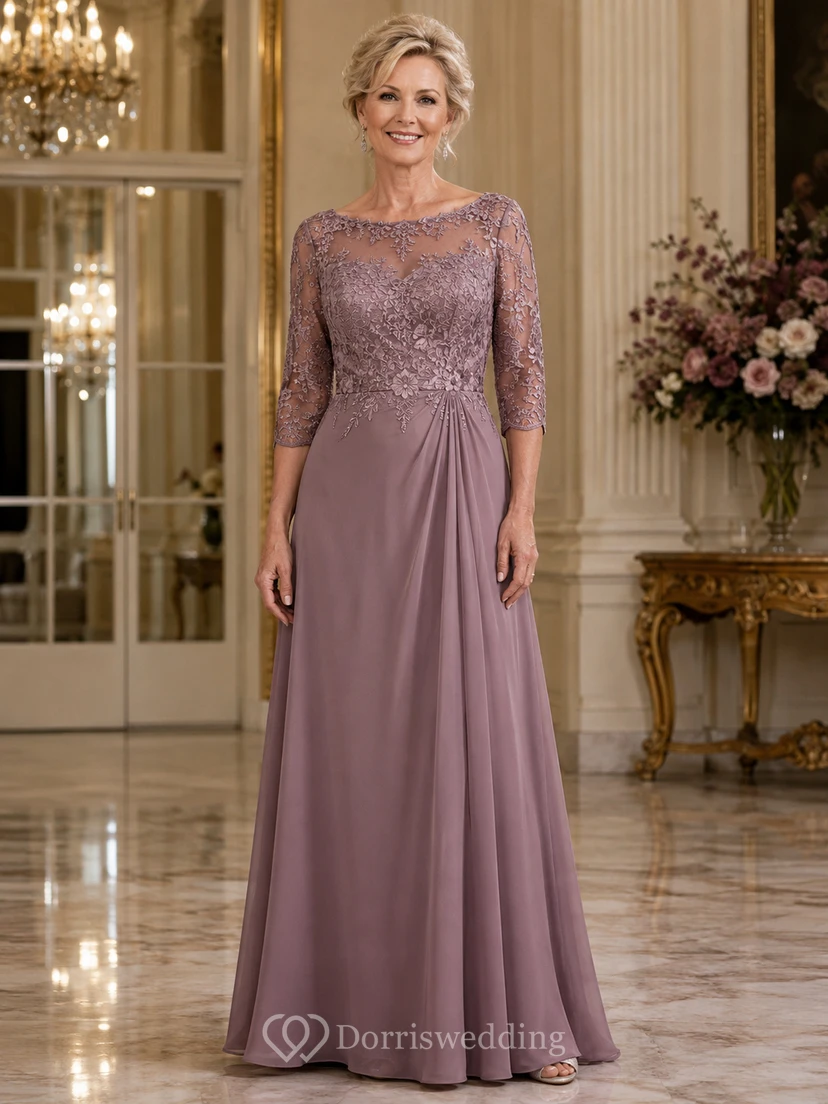 Vintage Mauve Illusion Lace Mother Gown Vintage Mauve Bateau Jewel A-Line Floor-length