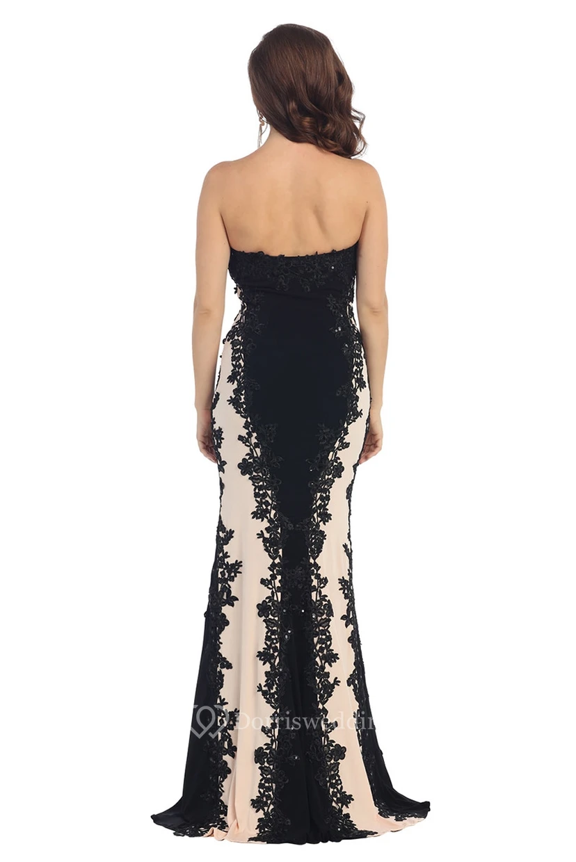 Pencil Floor-Length Strapless Sleeveless Lace Jersey Dress With Appliques view 2