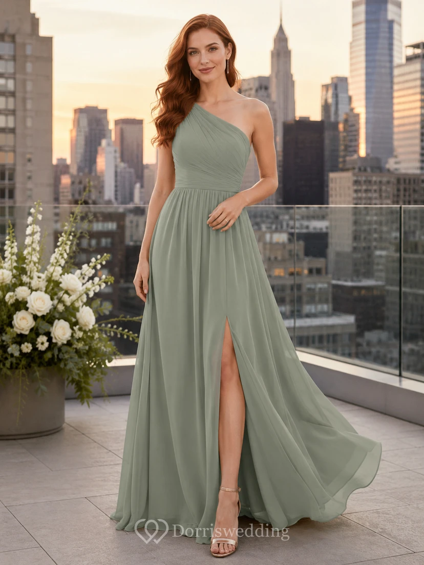 Upscale City Evening Sage Simple Elegant A-Line Chiffon Bridesmaid Dress with One-Shoulder Sleeveless Floor-Length Slit Skirt Pleated Open Back