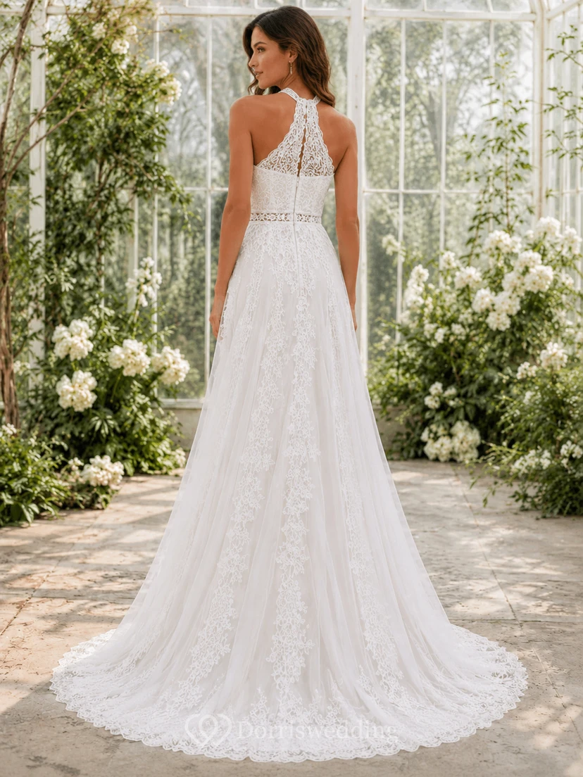Bohemian High Neck Halter Lace A-Line Keyhole Back Sweep Wedding Gown view 2